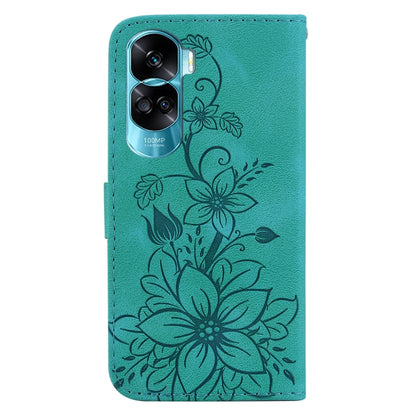 For Honor 90 Lite Lily Embossed Leather Phone Case(Green) - Honor Cases by buy2fix | Online Shopping UK | buy2fix