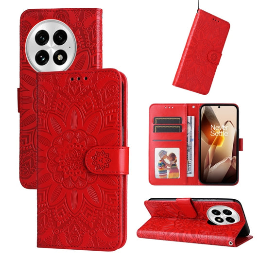 For OnePlus 13 Embossed Sunflower Leather Phone Case(Red) - OnePlus Cases by buy2fix | Online Shopping UK | buy2fix