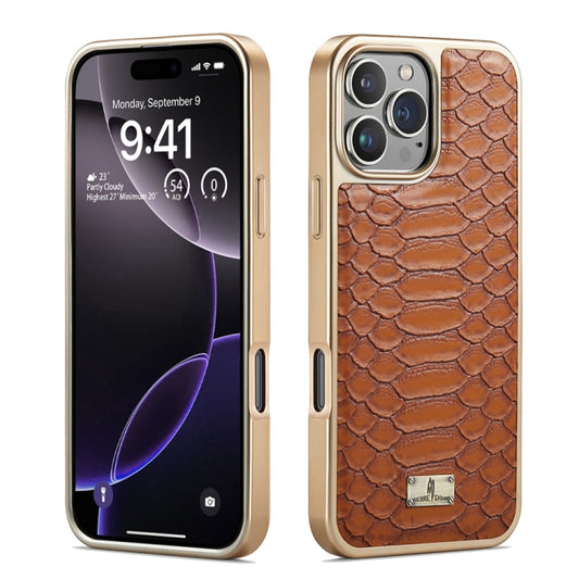 For iPhone 16 Pro Fierre Shann Python Texture Electroplating PU Phone Case(Brown) - iPhone 16 Pro Cases by FIERRE SHANN | Online Shopping UK | buy2fix