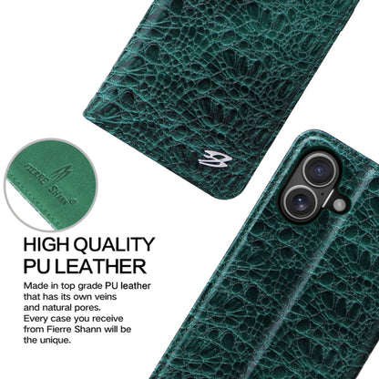 For iPhone 16 Fierre Shann Crocodile Texture Magnetic Genuine Leather Phone Case(Green) - iPhone 16 Cases by FIERRE SHANN | Online Shopping UK | buy2fix