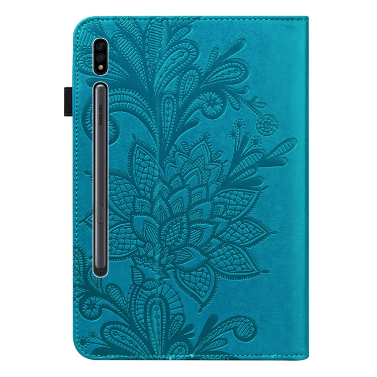 For Samsung Galaxy Tab S9 Lace Flower Embossing Pattern Leather Tablet Case(Blue) - Galaxy Tab S9 Cases by buy2fix | Online Shopping UK | buy2fix