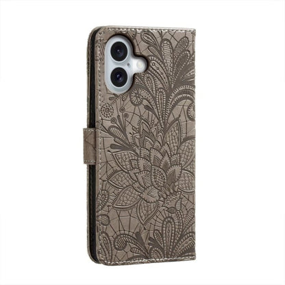 For iPhone 16 Lace Flower Embossing Flip Leather Phone Case(Grey) - iPhone 16 Cases by buy2fix | Online Shopping UK | buy2fix