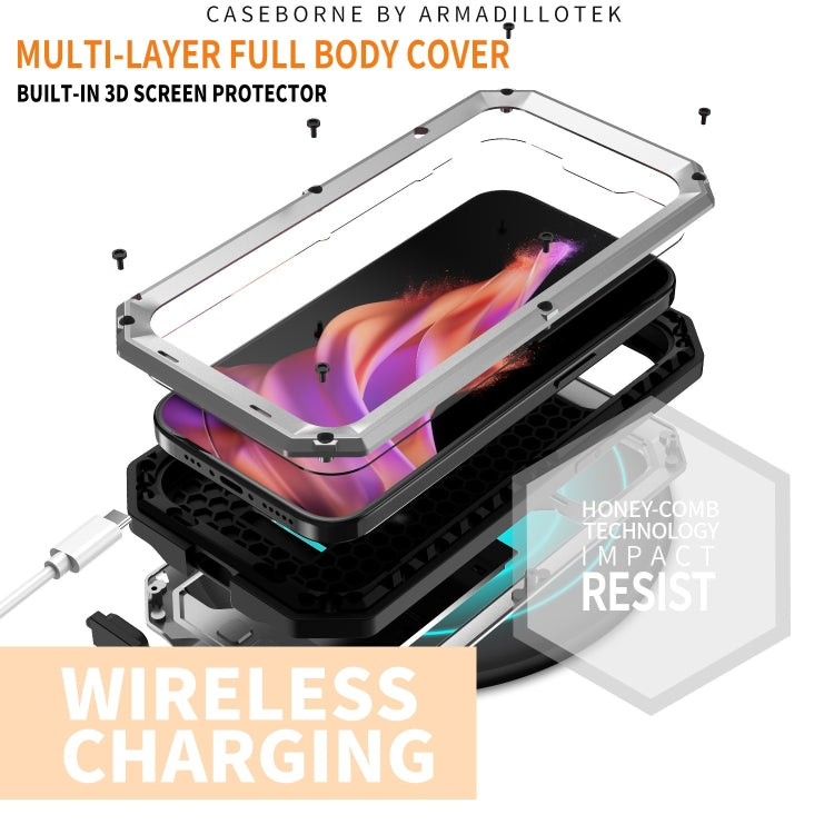 For iPhone 15 R-JUST Sliding Camera Life Waterproof Holder Phone Case(Silver) - iPhone 15 Cases by R-JUST | Online Shopping UK | buy2fix