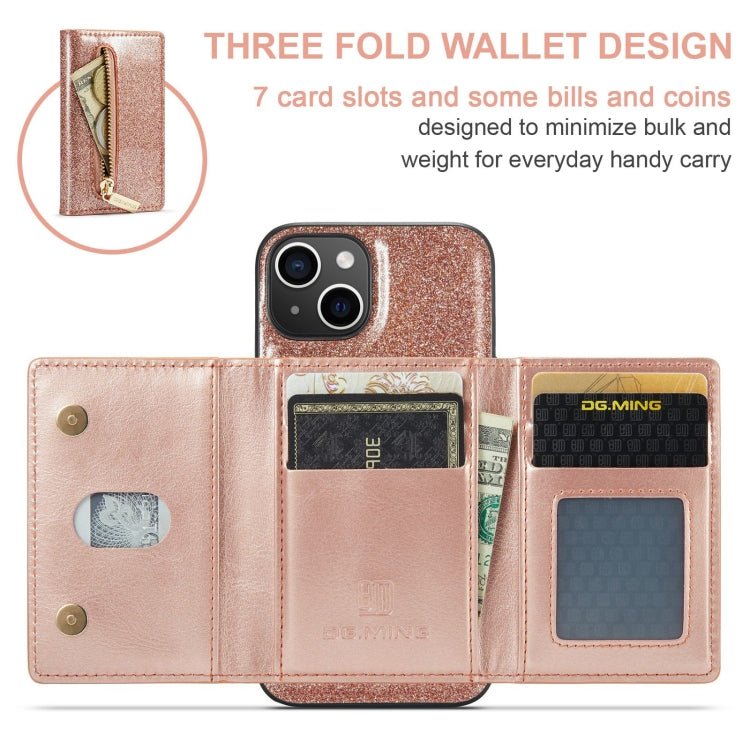 For iPhone 15 DG.MING M3 Series Glitter Powder Card Bag Leather Phone Case(Rose Gold) - iPhone 15 Cases by DG.MING | Online Shopping UK | buy2fix