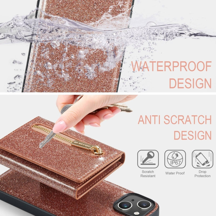 For iPhone 15 DG.MING M3 Series Glitter Powder Card Bag Leather Phone Case(Rose Gold) - iPhone 15 Cases by DG.MING | Online Shopping UK | buy2fix