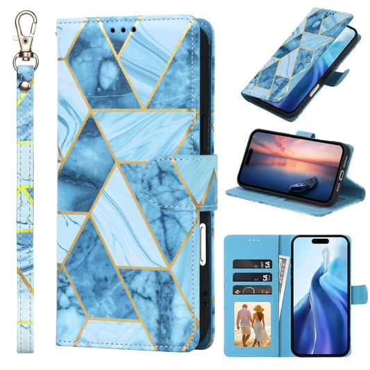 For iPhone 16 Marble Bronzing Stitching Leather Phone Case(Blue) - iPhone 16 Cases by buy2fix | Online Shopping UK | buy2fix