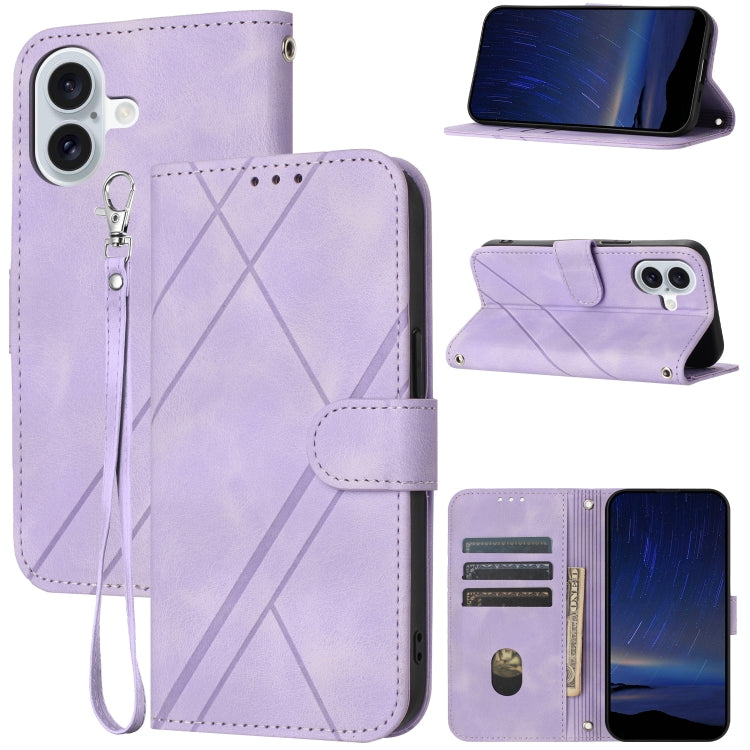 For iPhone 16 Embossed Line Leather Phone Case with Lanyard(Purple) - iPhone 16 Cases by buy2fix | Online Shopping UK | buy2fix