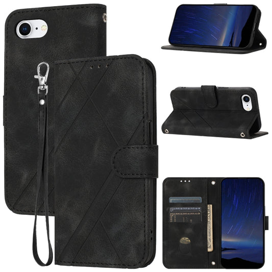 For iPhone SE 2024 Embossed Line Leather Phone Case with Lanyard(Black) - More iPhone Cases by buy2fix | Online Shopping UK | buy2fix