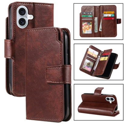 For iPhone 16 Plus Tri-Fold 9-Card Wallets Leather Phone Case(Brown) - iPhone 16 Plus Cases by buy2fix | Online Shopping UK | buy2fix