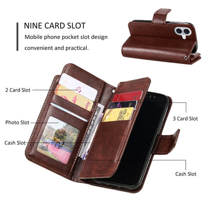 For iPhone 16 Plus Tri-Fold 9-Card Wallets Leather Phone Case(Brown) - iPhone 16 Plus Cases by buy2fix | Online Shopping UK | buy2fix