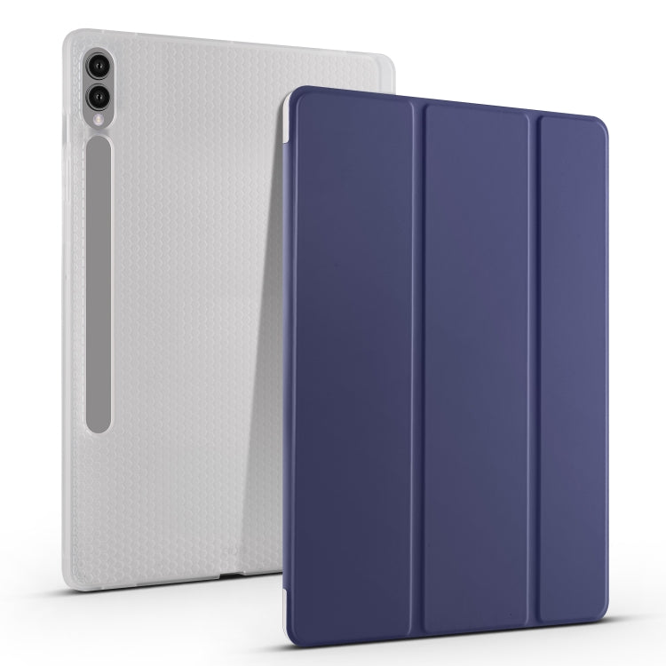 For Samsung Galaxy Tab S9+ 3-folding Transparent TPU Smart Leather Tablet Case with Pen Slot(Dark Blue) - Galaxy Tab S9+ Cases by buy2fix | Online Shopping UK | buy2fix