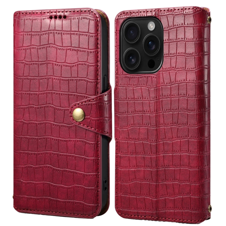 For iPhone 16 Pro Denior Crocodile Texture Oil Edge Leather Phone Case(Rose Red) - iPhone 16 Pro Cases by Denior | Online Shopping UK | buy2fix