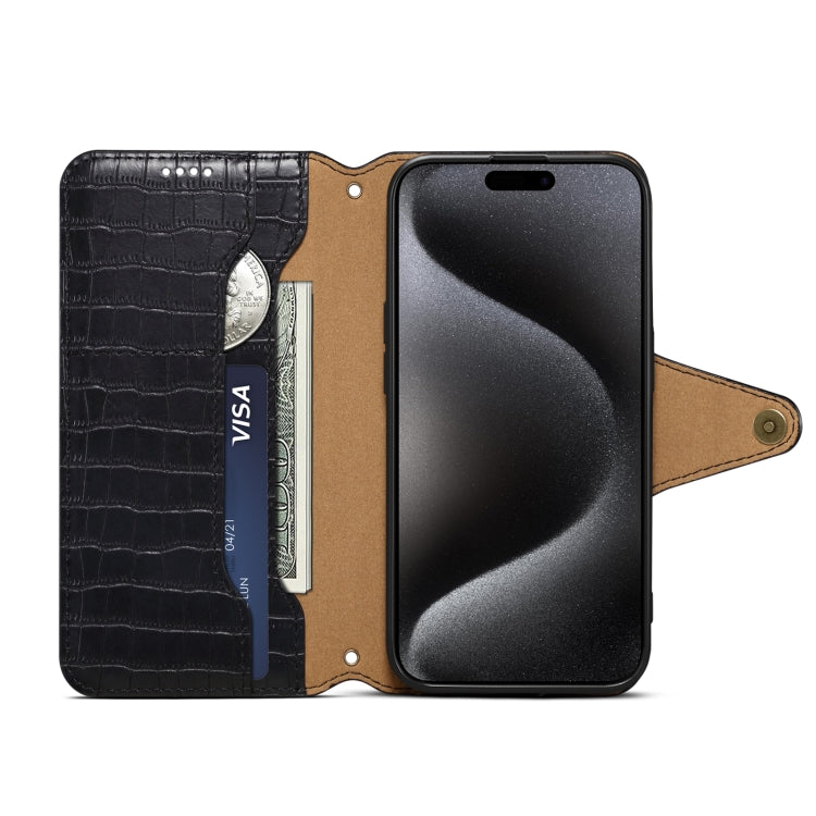 For iPhone 16 Pro Denior Crocodile Texture Oil Edge Leather Phone Case(Black) - iPhone 16 Pro Cases by Denior | Online Shopping UK | buy2fix