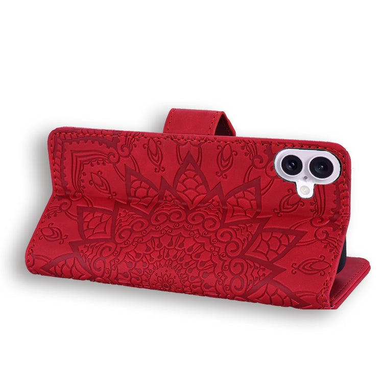 For iPhone 16 Mandala Embossed Dual-Fold Calf Leather Phone Case(Red) - iPhone 16 Cases by buy2fix | Online Shopping UK | buy2fix