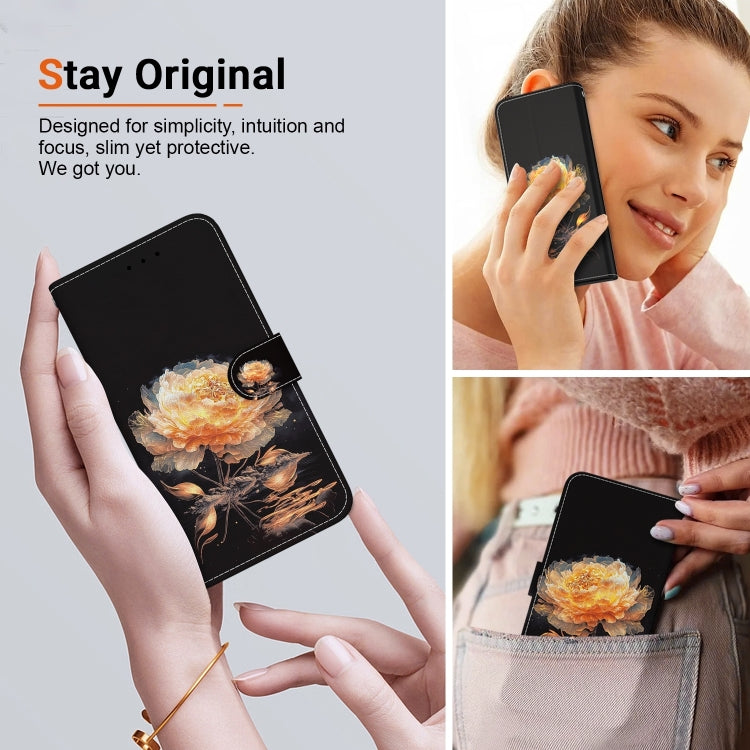 For iPhone 16 Plus Crystal Texture Colored Drawing Leather Phone Case(Gold Peony) - iPhone 16 Plus Cases by buy2fix | Online Shopping UK | buy2fix