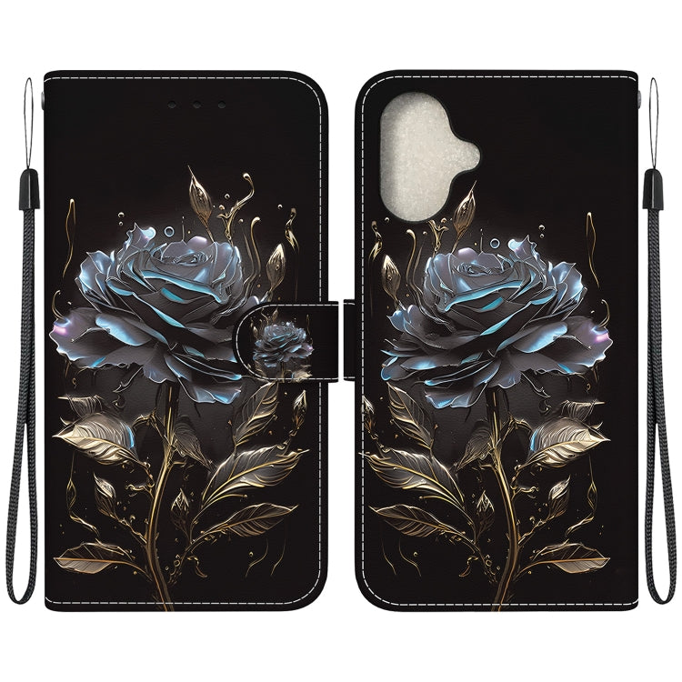 For iPhone 16 Plus Crystal Texture Colored Drawing Leather Phone Case(Black Rose) - iPhone 16 Plus Cases by buy2fix | Online Shopping UK | buy2fix