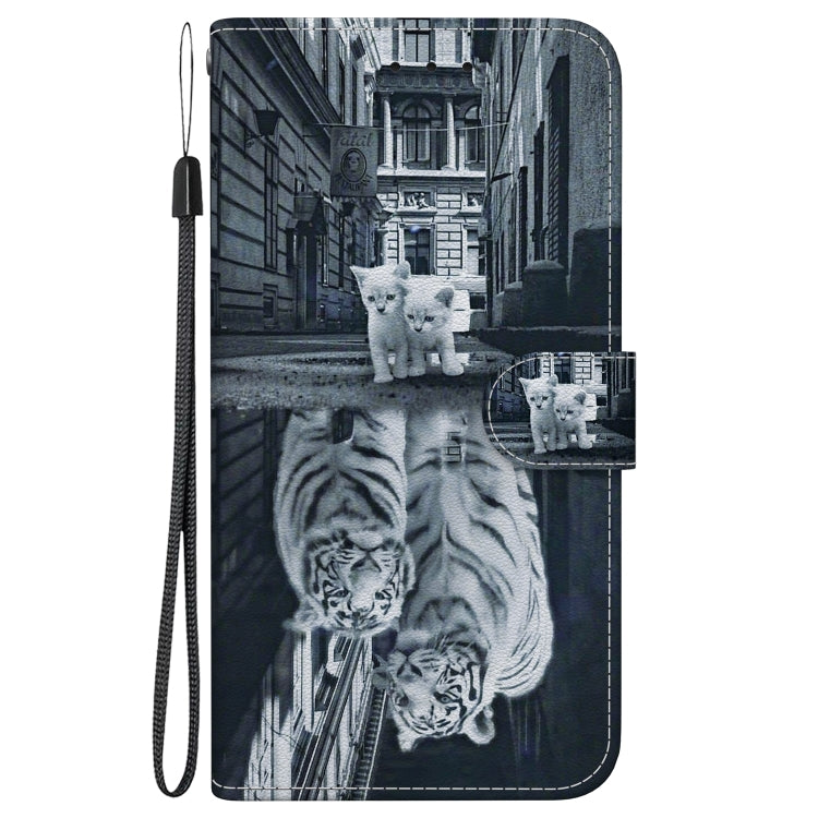 For iPhone 16 Plus Crystal Texture Colored Drawing Leather Phone Case(Cat Tiger Reflection) - iPhone 16 Plus Cases by buy2fix | Online Shopping UK | buy2fix