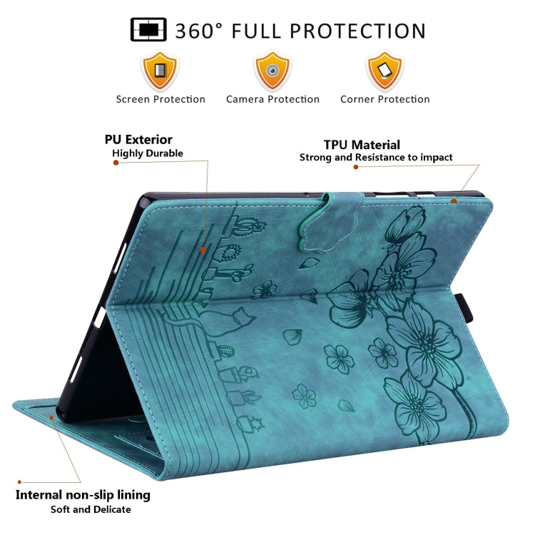 For Lenovo Tab P12 12.7 Cartoon Sakura Cat Embossed Leather Tablet Case(Green) - Lenovo by buy2fix | Online Shopping UK | buy2fix