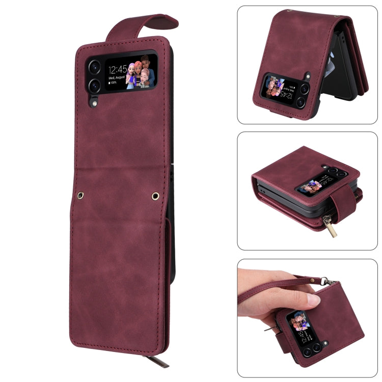 For Samsung Galaxy Z Flip4 Multifunctional Frosted Zipper Wallet Leather Phone Case(Wine Red) - Galaxy Z Flip4 5G Cases by buy2fix | Online Shopping UK | buy2fix