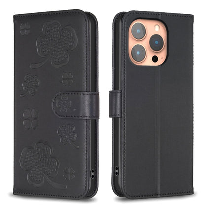 For iPhone 16 Pro Max Four-leaf Embossed Leather Phone Case(Black) - iPhone 16 Pro Max Cases by buy2fix | Online Shopping UK | buy2fix