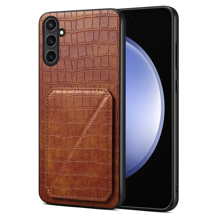 For Samsung Galaxy S23 FE 5G Denior Imitation Crocodile Leather Back Phone Case with Holder(Brown) - Galaxy S23 FE 5G Cases by Denior | Online Shopping UK | buy2fix