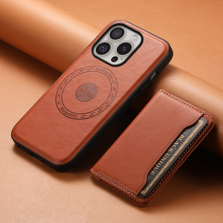 For iPhone 16 Pro Denior Cowhide Texture Leather MagSafe Detachable Wallet Phone Case(Brown) - iPhone 16 Pro Cases by Denior | Online Shopping UK | buy2fix