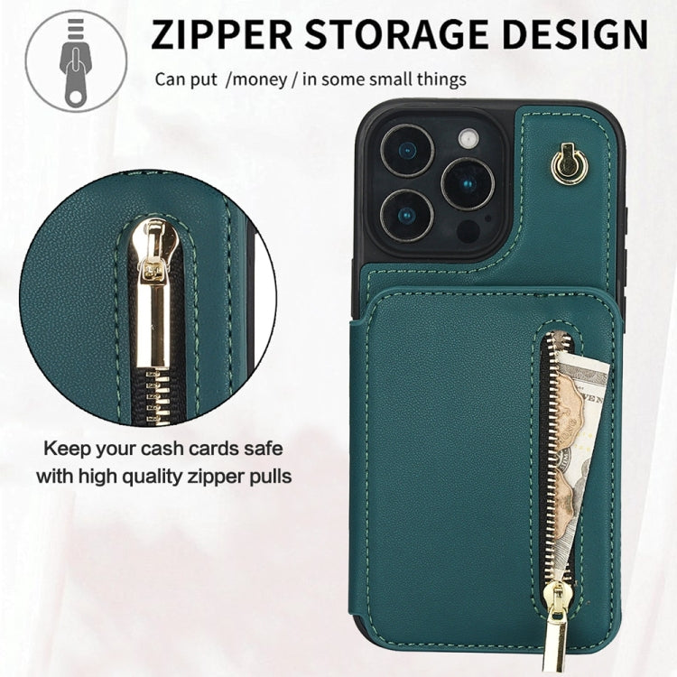 For iPhone 16 Pro Max YM006 Skin Feel Zipper Card Bag Phone Case with Dual Lanyard(Green) - iPhone 16 Pro Max Cases by buy2fix | Online Shopping UK | buy2fix