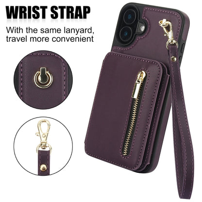 For iPhone 16 YM006 Skin Feel Zipper Card Bag Phone Case with Dual Lanyard(Dark Purple) - iPhone 16 Cases by buy2fix | Online Shopping UK | buy2fix