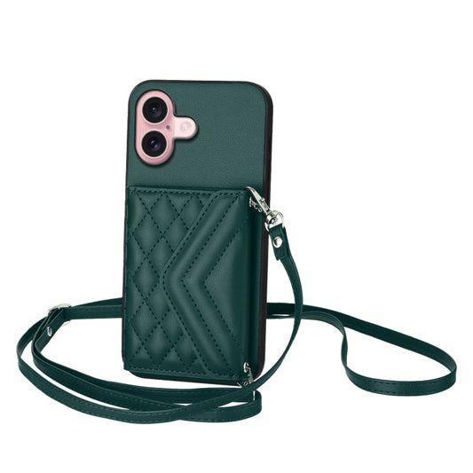 For iPhone 16 Rhombic Texture Card Bag RFID Phone Case with Long Lanyard(Green) - iPhone 16 Cases by buy2fix | Online Shopping UK | buy2fix