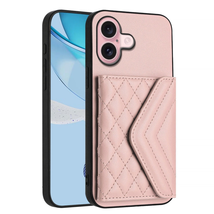 For iPhone 16 Rhombic Texture Card Bag RFID Phone Case with Long Lanyard(Rose Gold) - iPhone 16 Cases by buy2fix | Online Shopping UK | buy2fix