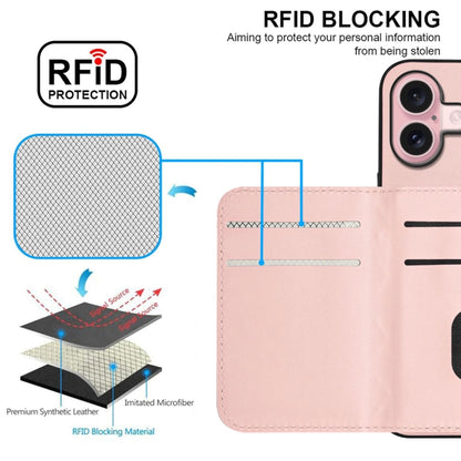 For iPhone 16 Rhombic Texture Card Bag RFID Phone Case with Long Lanyard(Rose Gold) - iPhone 16 Cases by buy2fix | Online Shopping UK | buy2fix