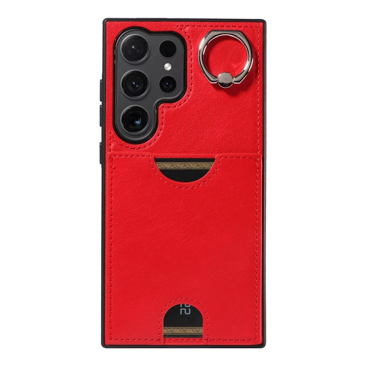 For Samsung Galaxy S24 Ultra 5G Calf Texture Card Slot Ring Holder Phone Case(Red) - Galaxy S24 Ultra 5G Tempered Glass by buy2fix | Online Shopping UK | buy2fix