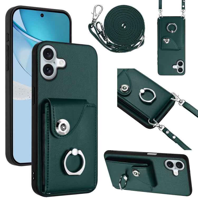 For iPhone 16 Plus Organ Card Bag Ring Holder Phone Case with Long Lanyard(Green) - iPhone 16 Plus Cases by buy2fix | Online Shopping UK | buy2fix