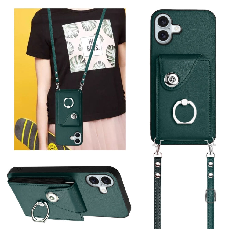 For iPhone 16 Plus Organ Card Bag Ring Holder Phone Case with Long Lanyard(Green) - iPhone 16 Plus Cases by buy2fix | Online Shopping UK | buy2fix