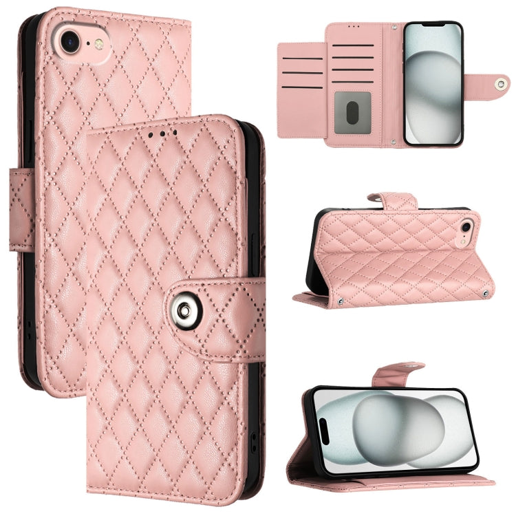 For iPhone SE 2024 Rhombic Texture Flip Leather Phone Case with Lanyard(Coral Pink) - More iPhone Cases by buy2fix | Online Shopping UK | buy2fix