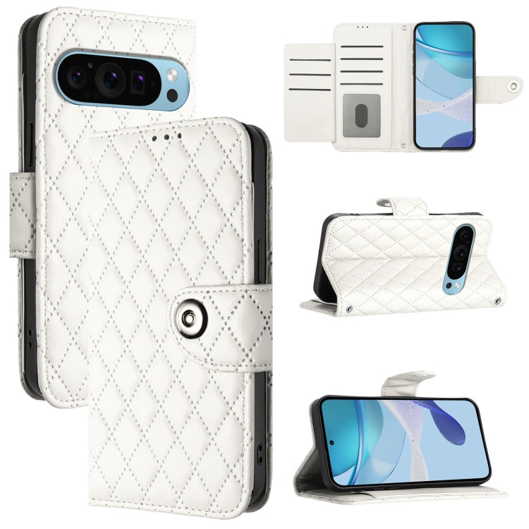 For Google Pixel 9 / Pixel 9 Pro Rhombic Texture Flip Leather Phone Case with Lanyard(White) - Google Cases by buy2fix | Online Shopping UK | buy2fix