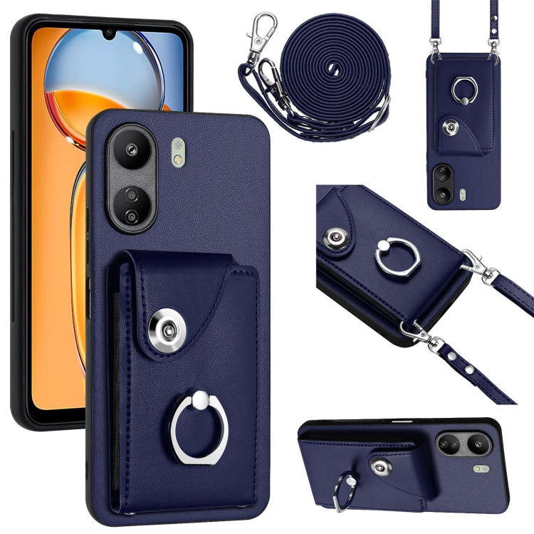 For Xiaomi Redmi 13C 4G / Poco C65 Organ Card Bag Ring Holder Phone Case with Long Lanyard(Blue) - 13C Cases by buy2fix | Online Shopping UK | buy2fix