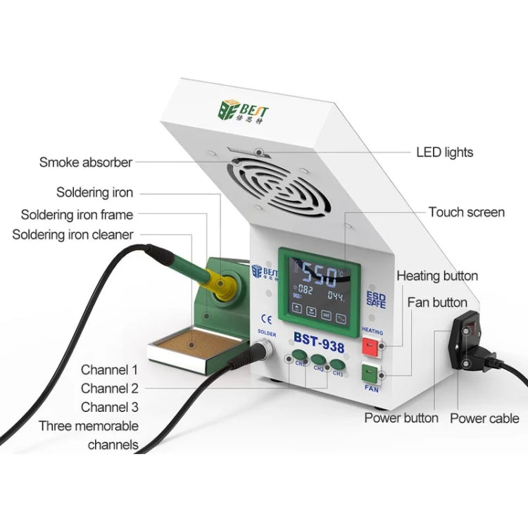 BEST BST-938 LED Electric Iron Smoking Instrument Smoke Purifier Soldering Station with Exhaust Fan, EU Plug - Soldering Iron Set by BEST | Online Shopping UK | buy2fix