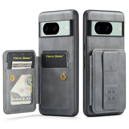 For Google Pixel 8 Fierre Shann Oil Wax Cow Leather Card Holder Back Phone Case(Grey) - Google Cases by FIERRE SHANN | Online Shopping UK | buy2fix