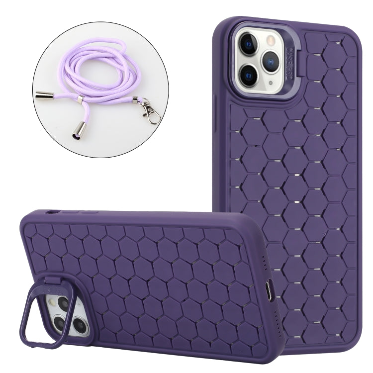 For iPhone 14 Pro Honeycomb Radiating Lens Holder Magsafe Phone Case with Lanyard(Purple) - iPhone 14 Pro Cases by buy2fix | Online Shopping UK | buy2fix