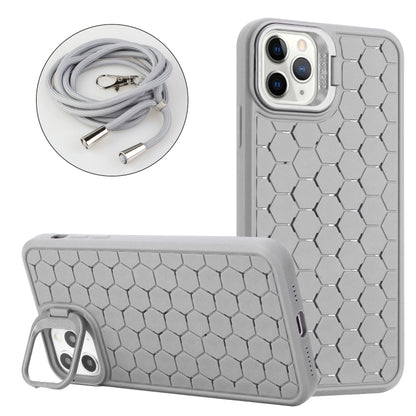 For iPhone 12 Pro Honeycomb Radiating Lens Holder Magsafe Phone Case with Lanyard(Grey) - iPhone 12 / 12 Pro Cases by buy2fix | Online Shopping UK | buy2fix