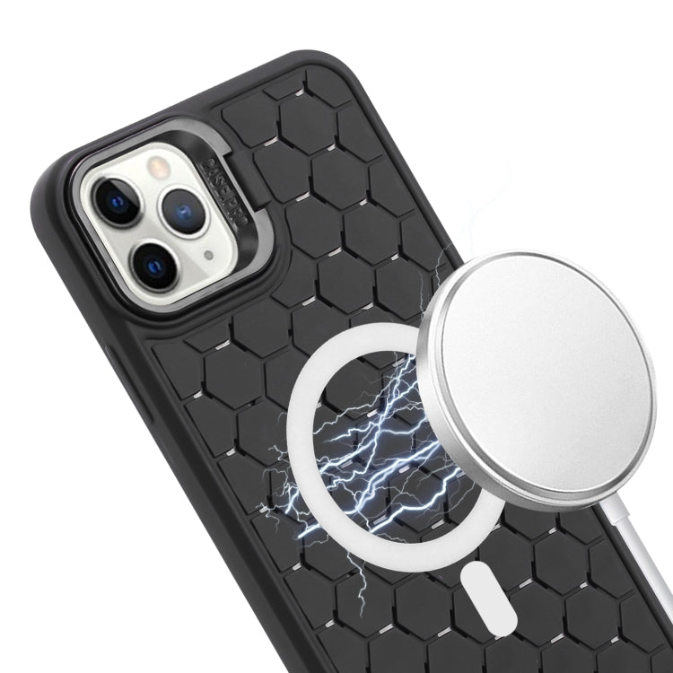 For iPhone 12 Pro Max Honeycomb Radiating Lens Holder Magsafe Phone Case with Lanyard(Black) - iPhone 12 Pro Max Cases by buy2fix | Online Shopping UK | buy2fix