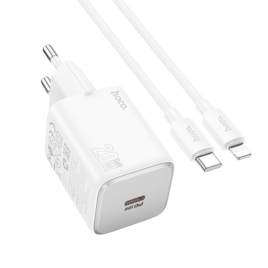 hoco N40 Mighty PD20W Single Type-C Port Charger with Type-C to 8 Pin Cable, EU Plug(White) - USB Charger by hoco | Online Shopping UK | buy2fix