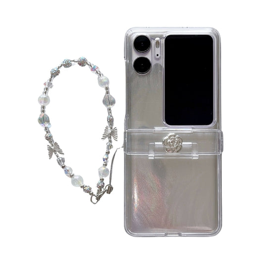 For OPPO Find N2 Flip Skin Feel PC Feather Gauze Glitter Paper Camellia Phone Case with Bracelet(Transparent) - Find N2 Flip Cases by buy2fix | Online Shopping UK | buy2fix