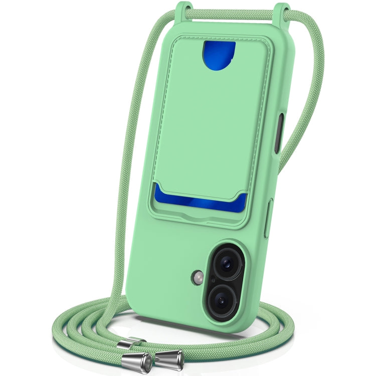 For iPhone 16 Integrated Card Bag Solid Color Liquid Silicone Phone Case with Lanyard(Green) - iPhone 16 Cases by buy2fix | Online Shopping UK | buy2fix