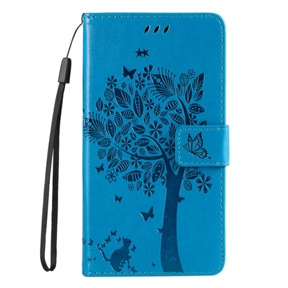 For iPhone 16 Tree & Cat Embossed Pattern Flip Leather Phone Case(Blue) - iPhone 16 Cases by buy2fix | Online Shopping UK | buy2fix