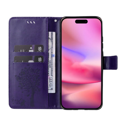 For iPhone 16 Tree & Cat Embossed Pattern Flip Leather Phone Case(Purple) - iPhone 16 Cases by buy2fix | Online Shopping UK | buy2fix