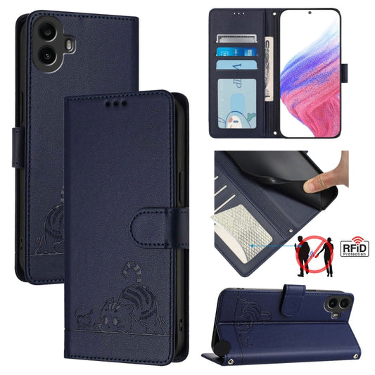 For Nothing CMF Phone 1 Cat Rat Embossed Pattern RFID Leather Phone Case with Lanyard(Blue) - More Brand by buy2fix | Online Shopping UK | buy2fix