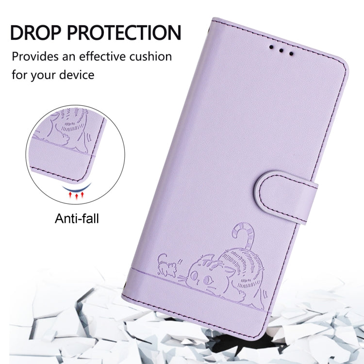 For iPhone SE 2024 Cat Rat Embossed Pattern RFID Leather Phone Case with Lanyard(Purple) - More iPhone Cases by buy2fix | Online Shopping UK | buy2fix