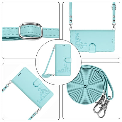 For vivo Y38 5G Cat Rat Embossed Pattern RFID Leather Phone Case with Lanyard(Mint Green) - vivo Cases by buy2fix | Online Shopping UK | buy2fix